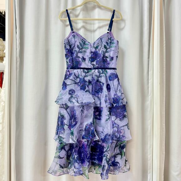 Marchesa Notte Floral Tiered Twist Front Tea Length Dress Organza Lilac US 4 - Picture 5 of 7